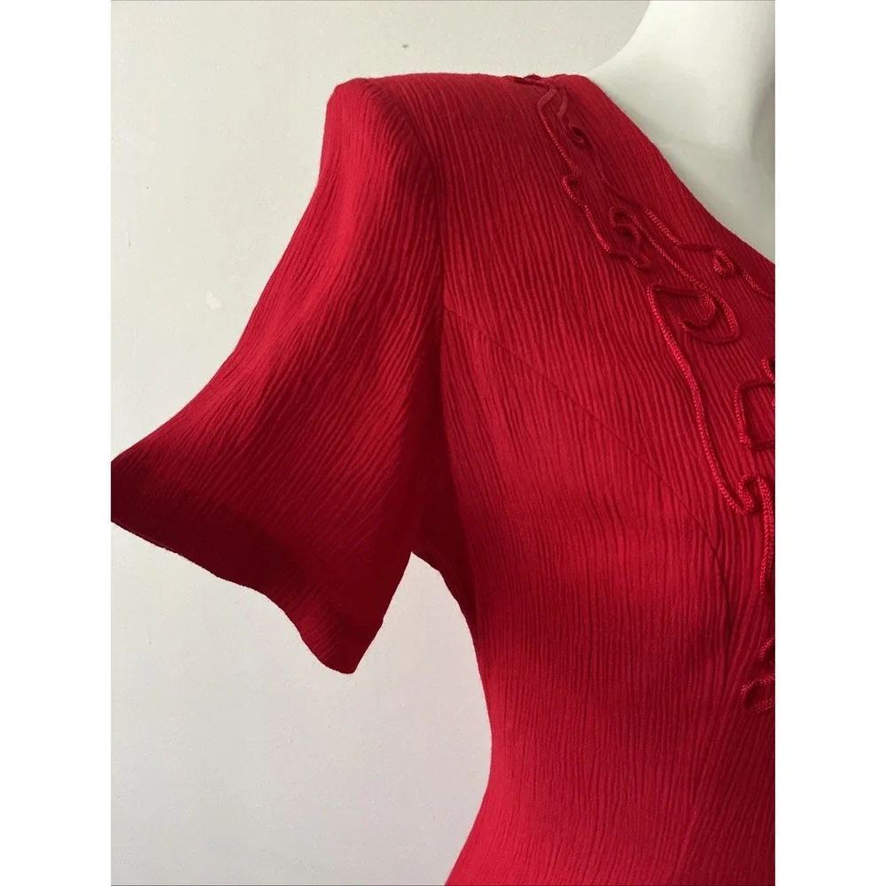 VTG Adam Jason Dress Size 10 Red 80's 90's Floral Embroidery Tie Boho Secretary